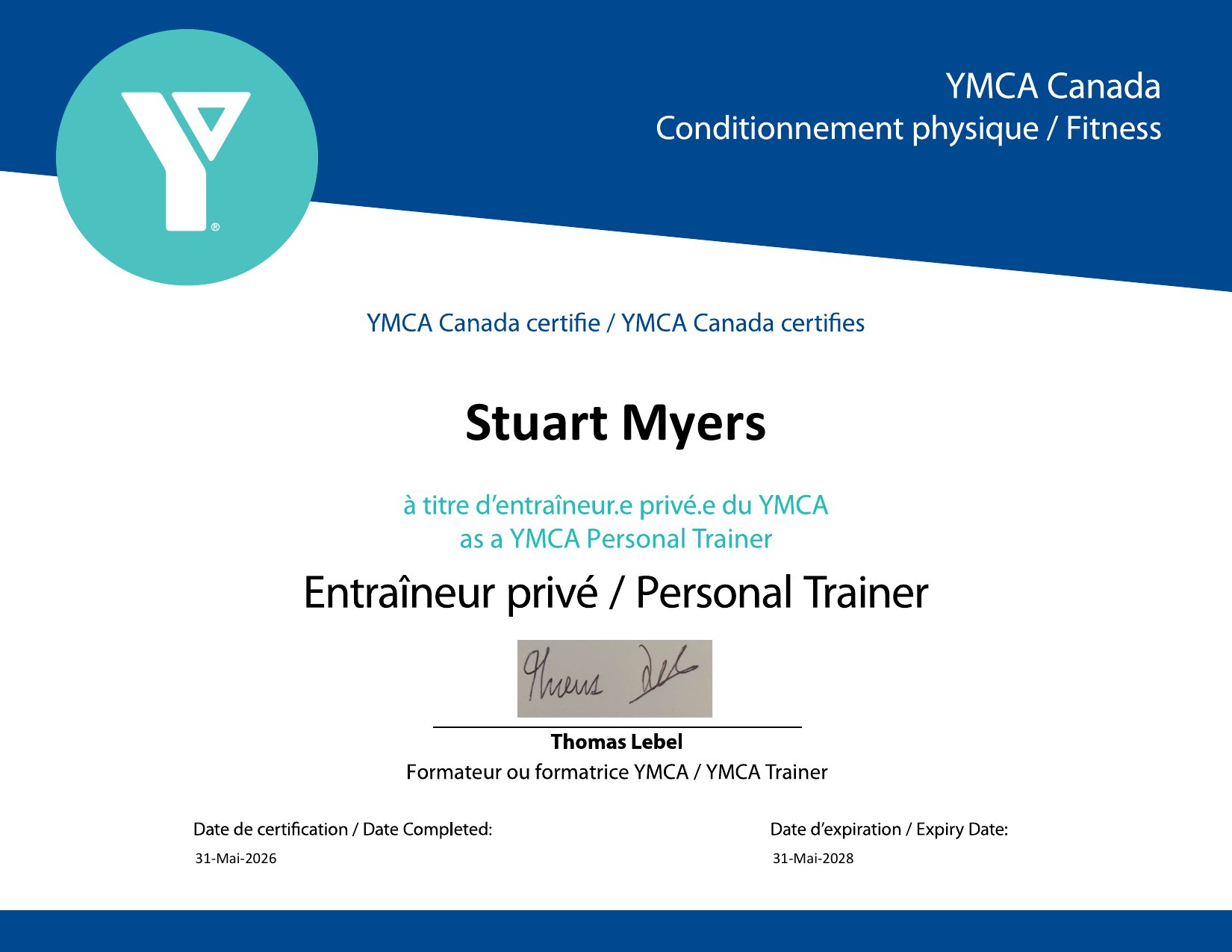 Certificat YMCA Entraîneur privé - Stuart Myers